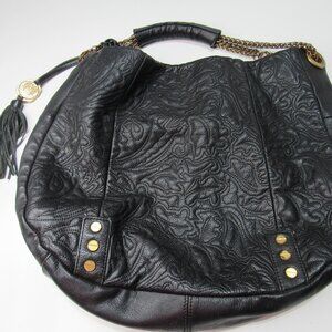 Vince Camuto Black Pebbled Soft Leather Hobo Bag Golden Hardware Tassle Hippie